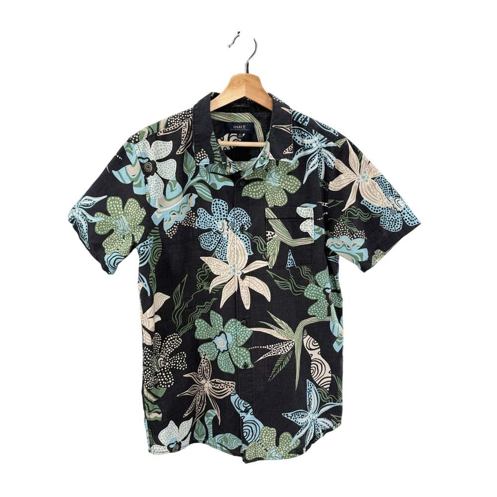 Roark Men's Black Floral Button Down Short Sleeve Organic Cotton/Linen M Shirt